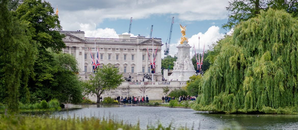 Buckingham Palace seen from St James Park in London